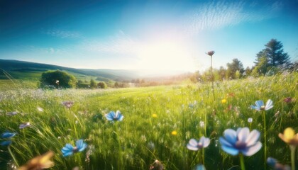 Sunny Countryside with Blooming Flowers and a Clear Blue Sky in the Background