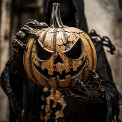 A spooky figure holding a carved pumpkin during Halloween celebrations