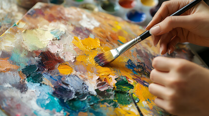 Obraz premium A close-up of a hand painting with vibrant colors on a canvas, showcasing artistic creativity and the joy of painting.