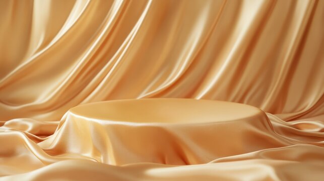 Fabric gold silk podium, abstract fashion product display cloth texture background 3d rendering. Luxury object placement packaging mockup for presentation cosmetic or beauty products.