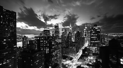 A black and white cityscape with a bridge and skyscrapers at night.