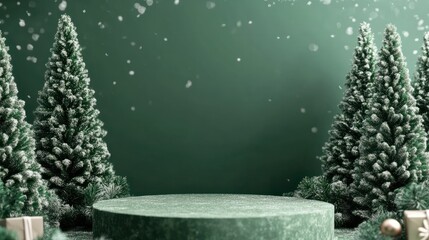 Festive Christmas themed mockup with green trees and podium for cosmetic or gift presentations