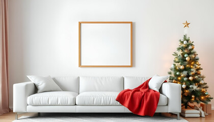 The living room features a white sofa next to a Christmas tree and a white frame hanging on the wall.