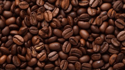 A close-up view of roasted coffee beans, showcasing their rich brown color and texture, ideal for coffee enthusiasts.