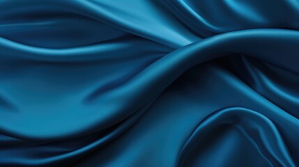 A close-up view of smooth, luxurious blue satin fabric with gentle folds and waves, showcasing its texture and sheen.