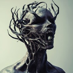 Eerie creature with twisted branches emerging from a dark figures head