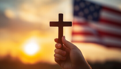 Hand holding cross with American flag in background, religious patriotism, faith and freedom, sunset sky, symbol of belief, Christianity and nationalism, spiritual freedom, USA