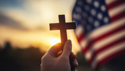 Hand holding cross with American flag in background, religious patriotism, faith and freedom, sunset sky, symbol of belief, Christianity and nationalism, spiritual freedom, USA