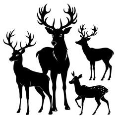 Fototapeta premium Four deers are depicted in distinct poses emphasizing their graceful forms in a striking black silhouette against a stark white backdrop