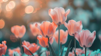 Fototapeta premium Soft light on coral pink tulips for floral poster.