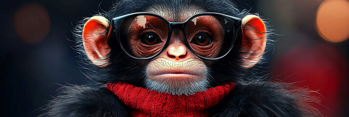 Fototapeta premium A young chimpanzee wearing round glasses and a red scarf.