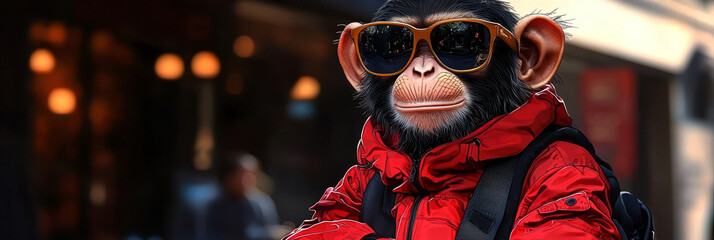 A chimpanzee wearing sunglasses and a red jacket looks confidently at the camera.