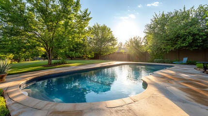 A serene backyard pool surrounded by lush greenery, reflecting the warm sunlight for a perfect summer escape.