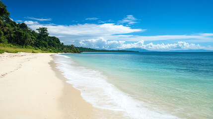 A serene beach with gentle waves, lush greenery on the shore, and a clear blue sky, perfect for relaxation and nature lovers.