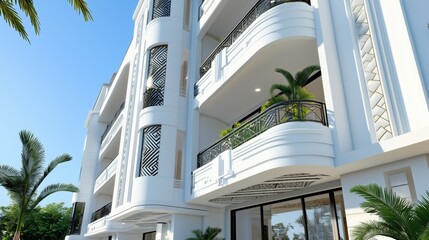 Classic Art Deco facade building with intricate details and geometric pattern. AI generated