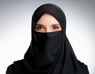 Naklejka premium Portrait of a Woman Wearing a Burqa in a Studio with Copy Space on White Background