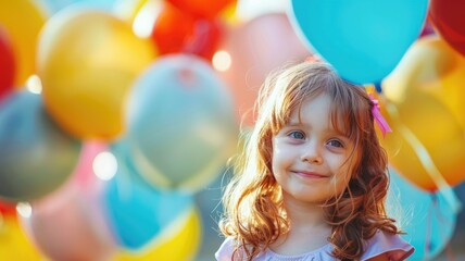 Obraz premium Young girl with smile surrounded by colorful balloons