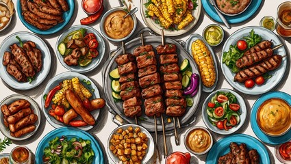 Various delicious grilled dishes and accompaniments on a table.