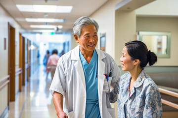 Obraz premium A smiling Asian male doctor and a female patient walk together in a bright modern hospital corridor. Concept of patient support, care, and trust in a medical setting