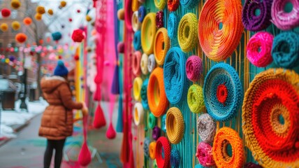 Fototapeta premium Person in winter jacket walking past colorful knitted circles displayed on fence snowy setting