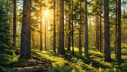 Sunset view of forest with tall trees and sun rays shining through