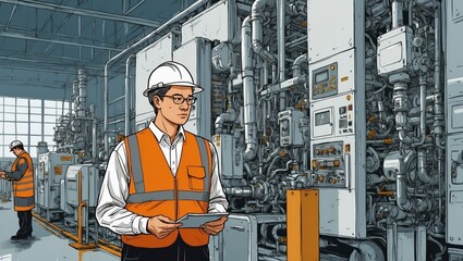 Engineer in modern factory setting with technical machinery