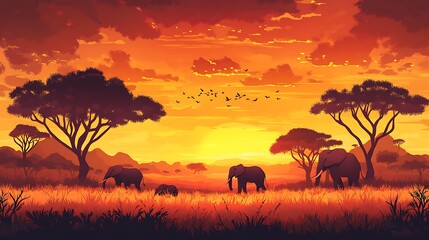 Obraz premium African Elephant Family at Sunset in Savanna Grassland