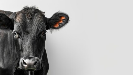 Close-up of black cow on light background, looking directly at camera