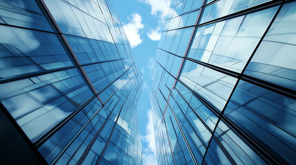Obraz premium A stunning view of modern skyscrapers reflecting the sky, showcasing sleek architecture and urban design in a vibrant city.