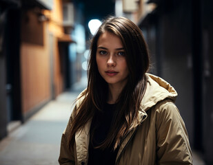 Fototapeta premium A long-haired female model wearing an ivory hooded jacket