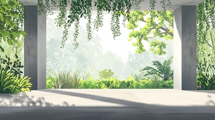 Concrete Patio with Lush Green Foliage and Sunlight