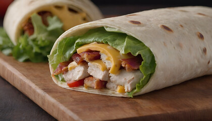 crispy chicken bacon ranch wrap with lettuce, cheddar cheese and diced tomatoes