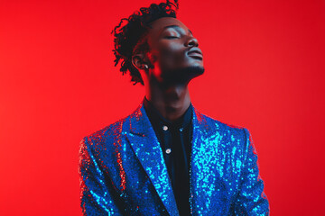 Obraz premium Chic Men in Sequined Blue Blazer with Solid Neon Red Background Fashion Lifestyle Portrait, Elegant and Bold