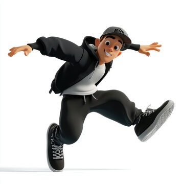 3D cartoon of a break dancer, against a solid white background