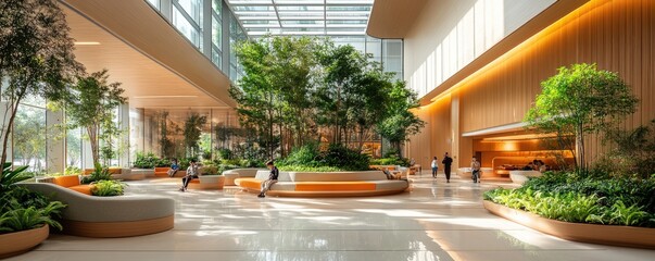 Fototapeta premium Modern building interior with plants and people.