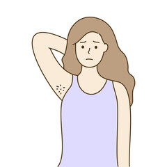 Unhappy young woman with hairy armpit problem. Beauty routine, Hygiene, laser innovation, hair removal, body skin care concepts. Hand drawn cartoon character vector isolated illustration.