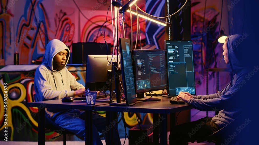 Poster evil hackers doing data breaches and financial theft in graffiti painted hideout. rogue programmers 