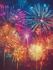 Naklejka premium A colorful Happy New Year card filled with bright fireworks lighting up the night sky, celebrating the arrival of the new year in a joyful and festive manner