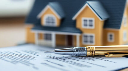 Close-up of a golden pen resting on a real estate contract with a model house in the background, symbolizing home purchase.