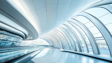 Obraz premium Futuristic airport interior featuring sleek lines, bright lighting, and a spacious atmosphere for travelers.