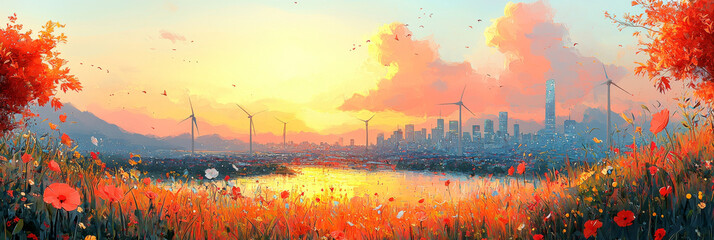 A colorful cityscape with wind turbines and a field of poppies.