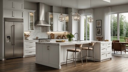 Modern kitchen with white cabinetry and large central island