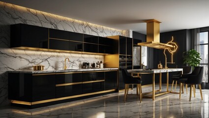 Modern kitchen with black and gold accents and marble surfaces.