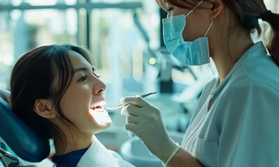 A dental hygienist cleaning a patient's teeth in a dentist's office. Video