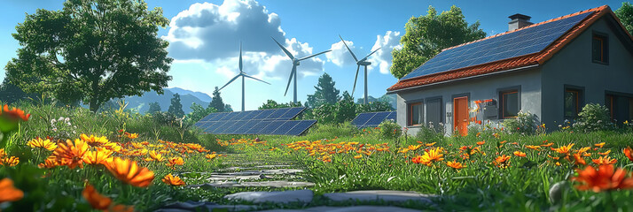 Fototapeta premium A small house with solar panels on the roof is surrounded by a field of wildflowers.