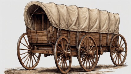 Vintage covered wagon with wooden wheels and canvas top design