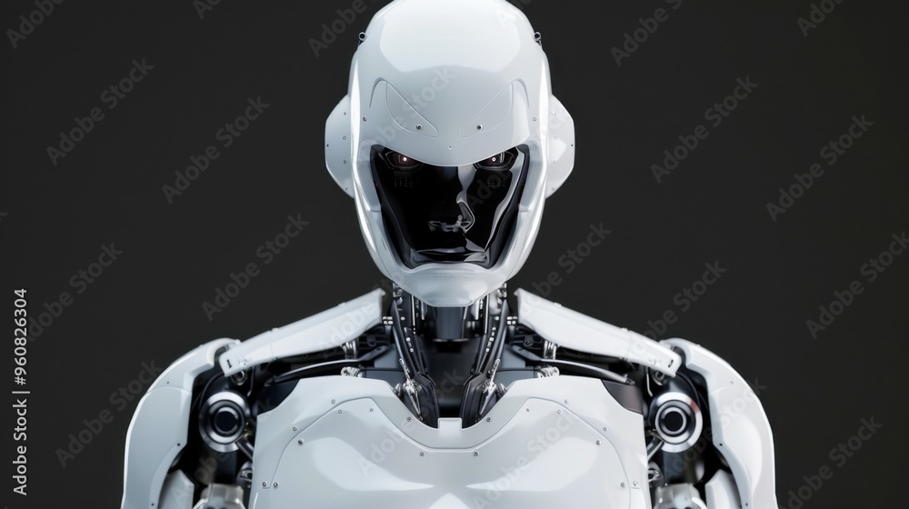 Wall mural A robot with a white body and silver arms stands in front of a gray background