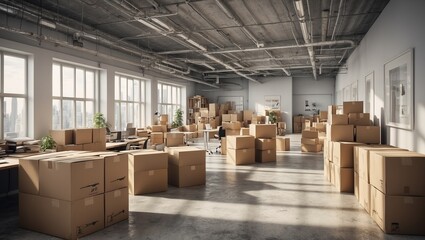 Spacious office interior filled with cardboard boxes and furniture