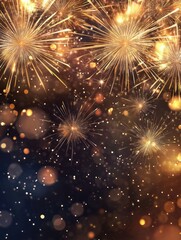 Beautiful holiday web banner or billboard with Golden sparkling Happy New Year sparklers on festive firework background