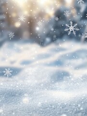 Naklejka premium beautiful white empty winter idyll, shiny snowflakes on blurred winter landscape, christmas background with advertising space on snow cover, holiday season backdrop